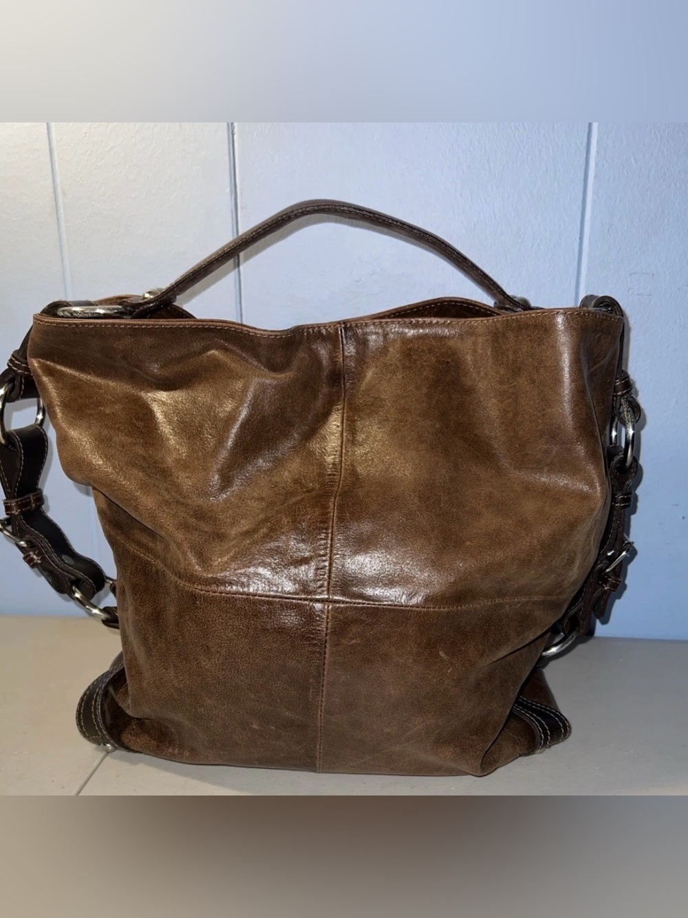 Barney’s New York Bucket Hobo Shoulder Bag Brown Leather  12x14x6